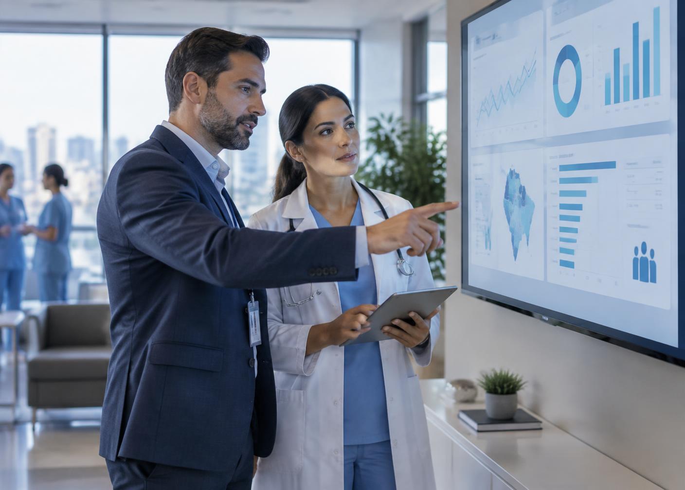 Gestor e médica analisando indicadores de desempenho